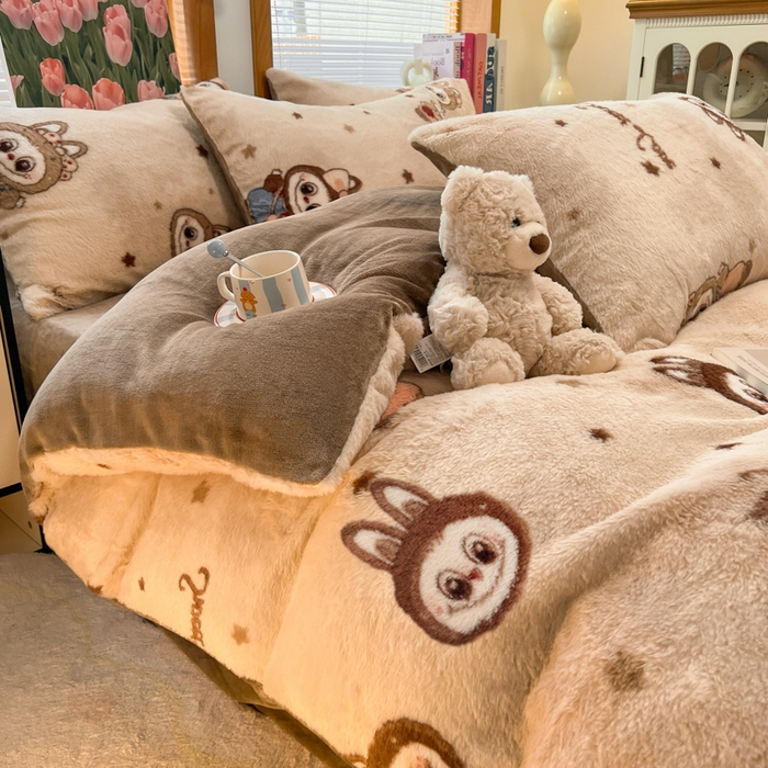 91家纺网 家纺一手货源 找家纺 妖妖家纺 2025新款加厚印花兔毛绒保暖四件套 甜萌布布