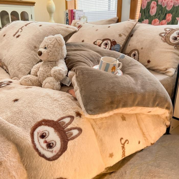 91家纺网 家纺一手货源 找家纺 妖妖家纺 2025新款加厚印花兔毛绒保暖四件套 甜萌布布