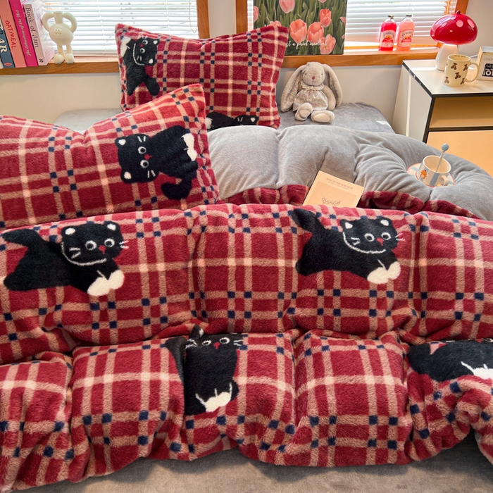 91家纺网 家纺一手货源 找家纺 妖妖家纺 2025新款加厚印花兔毛绒保暖四件套 月下猫舞