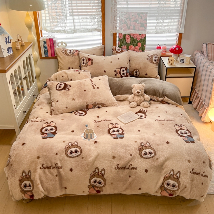 91家纺网 家纺一手货源 找家纺 妖妖家纺 2025新款加厚印花兔毛绒保暖四件套 甜萌布布