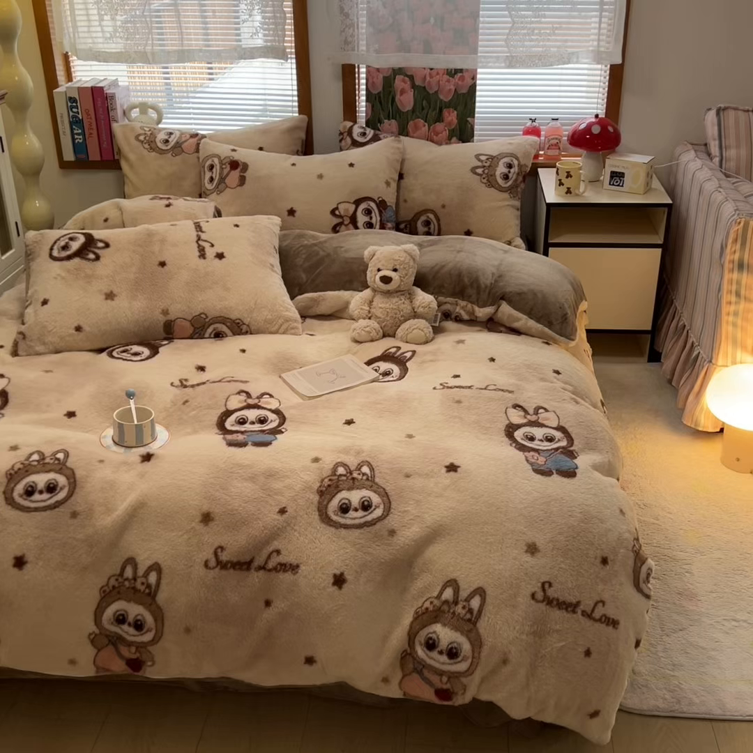 91家纺网 家纺一手货源 找家纺 妖妖家纺 2025新款加厚印花兔毛绒保暖四件套 甜萌布布