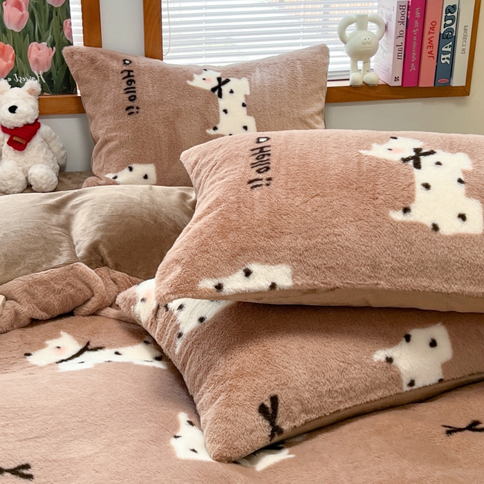 91家纺网 家纺一手货源 找家纺 妖妖家纺 2025新款加厚印花兔毛绒保暖四件套 你好小狗