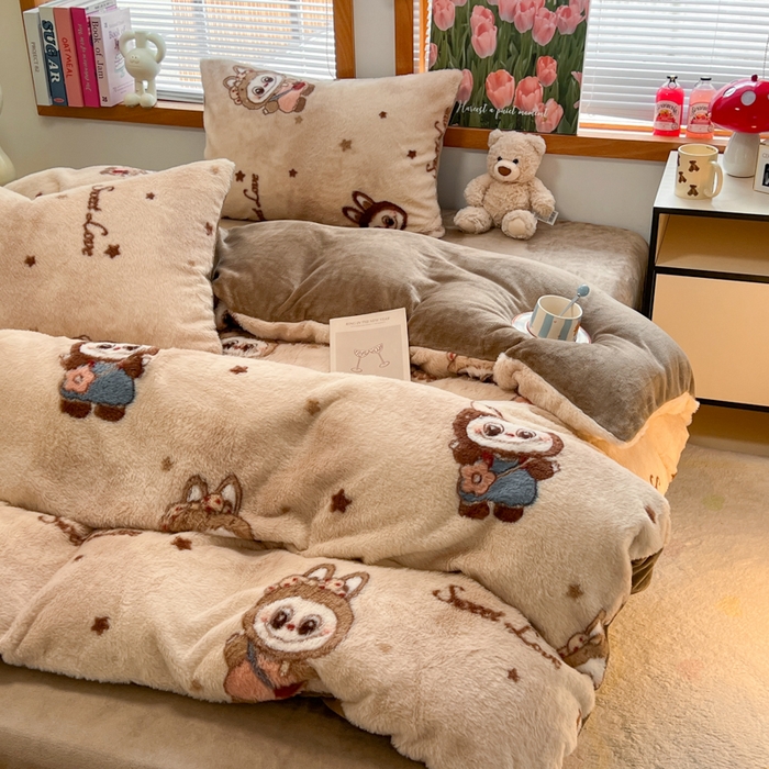 91家纺网 家纺一手货源 找家纺 妖妖家纺 2025新款加厚印花兔毛绒保暖四件套 甜萌布布