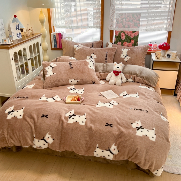 91家纺网 家纺一手货源 找家纺 妖妖家纺 2025新款加厚印花兔毛绒保暖四件套 你好小狗