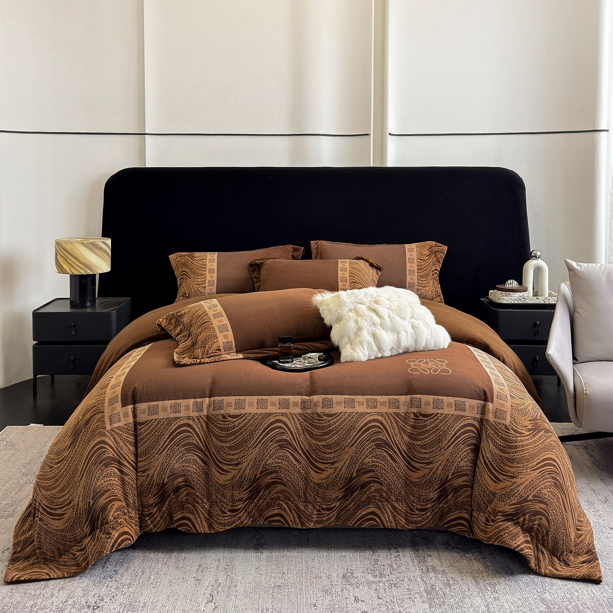 新方向 2025年新款全消光A类数码印花牛奶绒四件套-贝斯 贝斯-咖啡