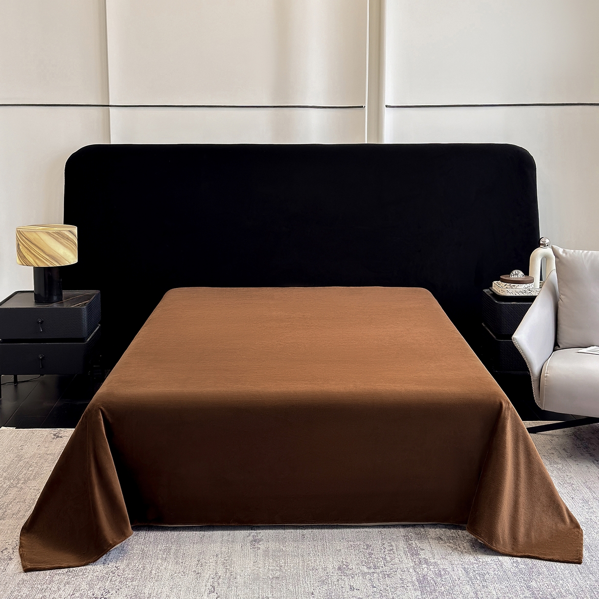 91家纺网 家纺一手货源 找家纺 新方向 2025新款全消光A类数码印花牛奶绒四件套-贝斯 贝斯-咖啡