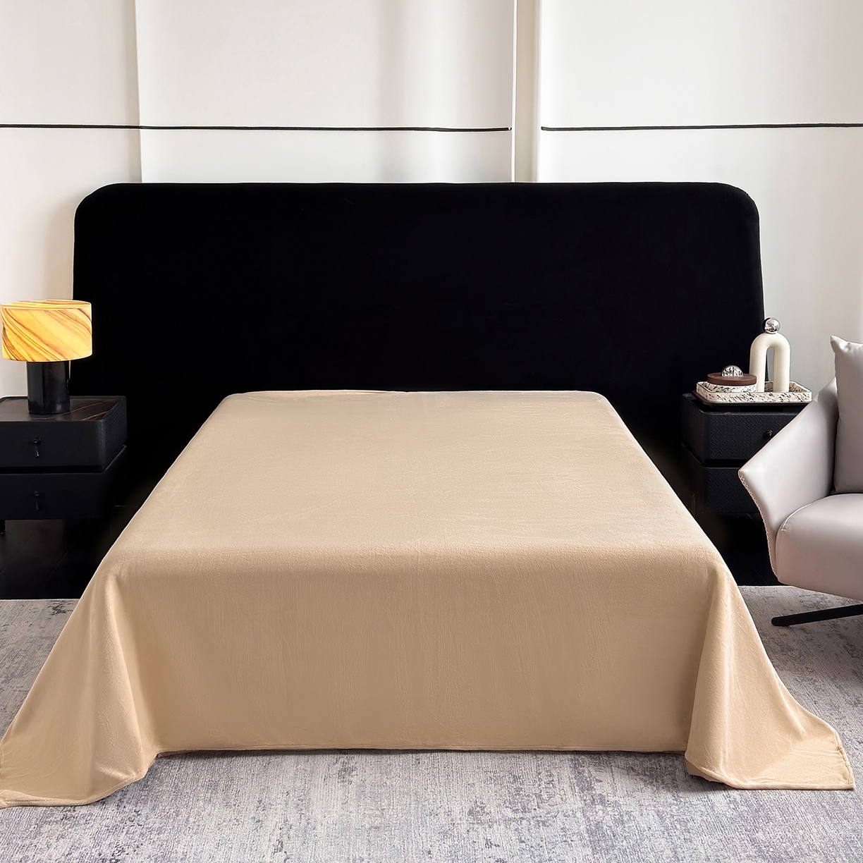 91家纺网 家纺一手货源 找家纺 新方向 2025新款全消光A类数码印花牛奶绒四件套-贝斯 贝斯-香槟