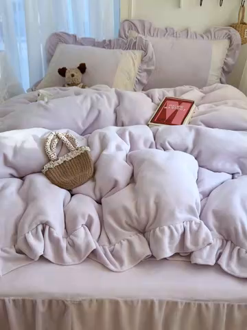 91家纺网 家纺一手货源 找家纺 轻奢坊 2025新款牛奶绒纯色全棉蕾丝大花边四件套-软乎系列 软乎紫