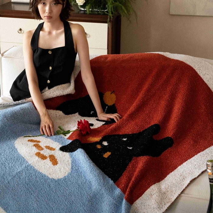 91家纺网 家纺一手货源 找家纺 圆岛家纺 2025新款高品质多功能针织半边绒毛毯毛毯毯子 午餐犬