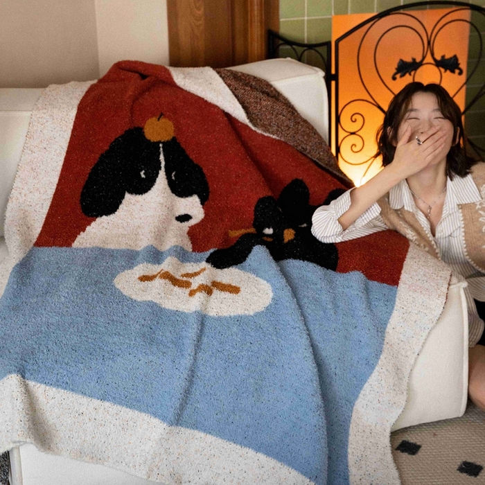 91家纺网 家纺一手货源 找家纺 圆岛家纺 2025新款高品质多功能针织半边绒毛毯毛毯毯子 午餐犬