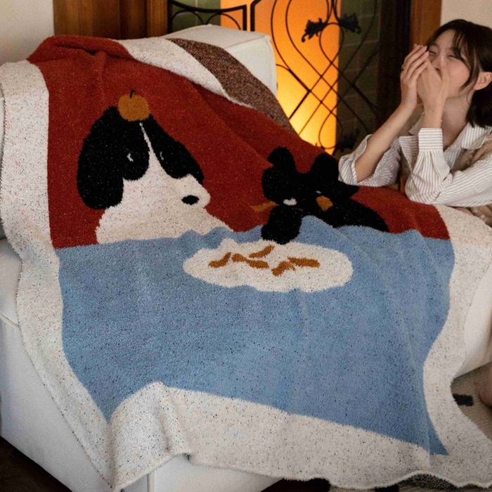 91家纺网 家纺一手货源 找家纺 圆岛家纺 2025新款高品质多功能针织半边绒毛毯毛毯毯子 午餐犬