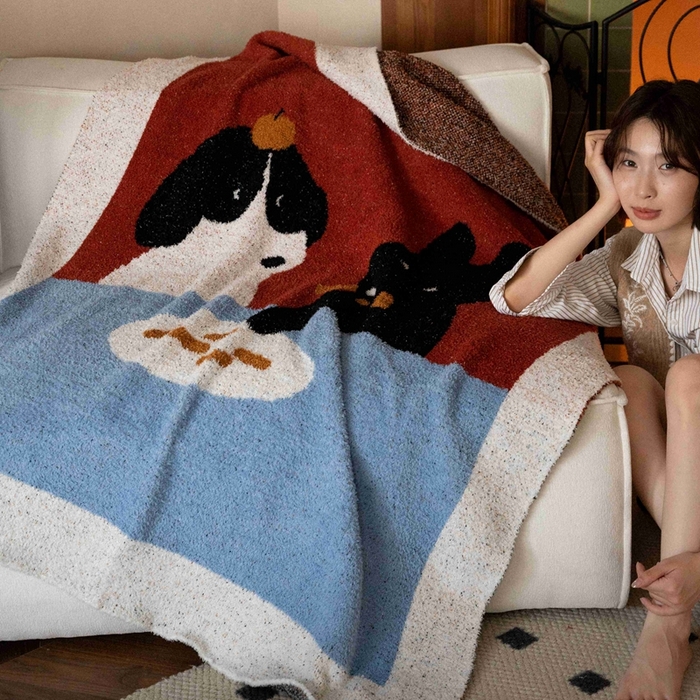 91家纺网 家纺一手货源 找家纺 圆岛家纺 2025新款高品质多功能针织半边绒毛毯毛毯毯子 午餐犬