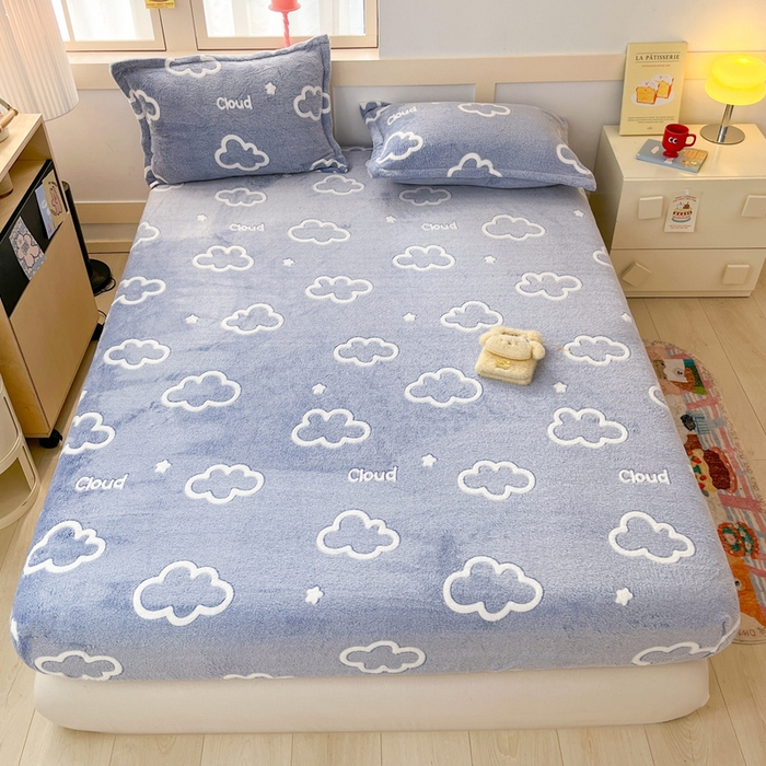 川悦生活 2025新款高克重雪花绒卡通印花加厚保暖大床单床笠 床笠奶味云朵