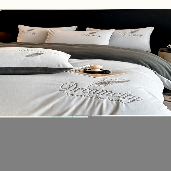 91家纺网 家纺一手货源 找家纺 如一 2025新款水晶绒双拼刺绣四件套轻羽系列 轻羽-典雅灰