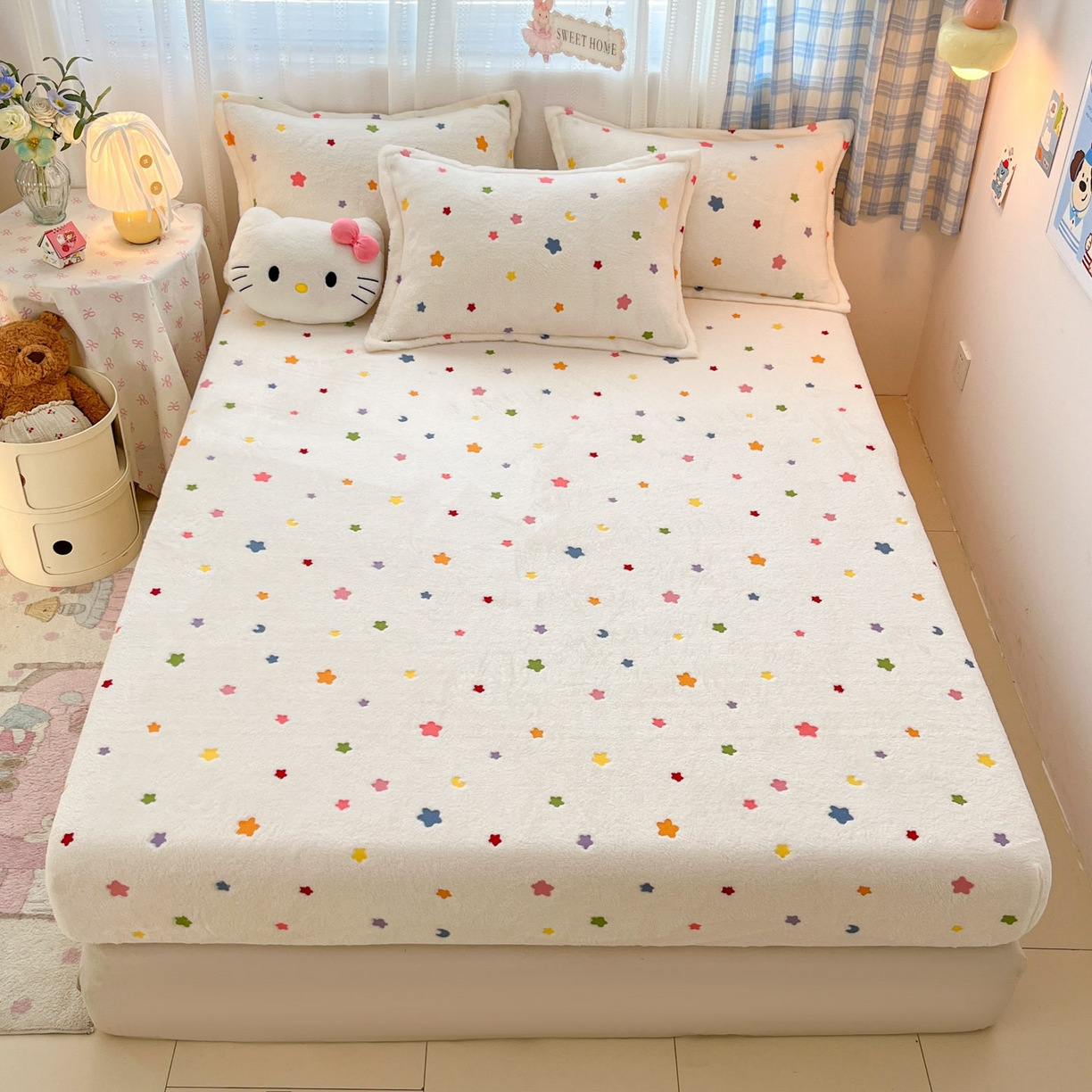 川悦生活 2025新款高克重雪花绒卡通印花加厚保暖大床单床笠 床笠奶昔星星