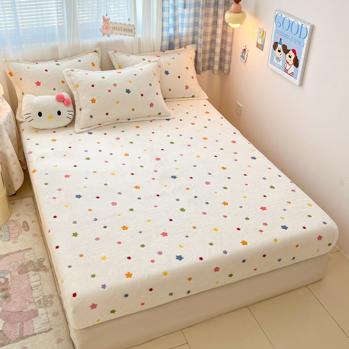 91家纺网 家纺一手货源 找家纺 川悦生活 2025新款高克重雪花绒卡通印花加厚保暖大床单床笠 床笠奶昔星星