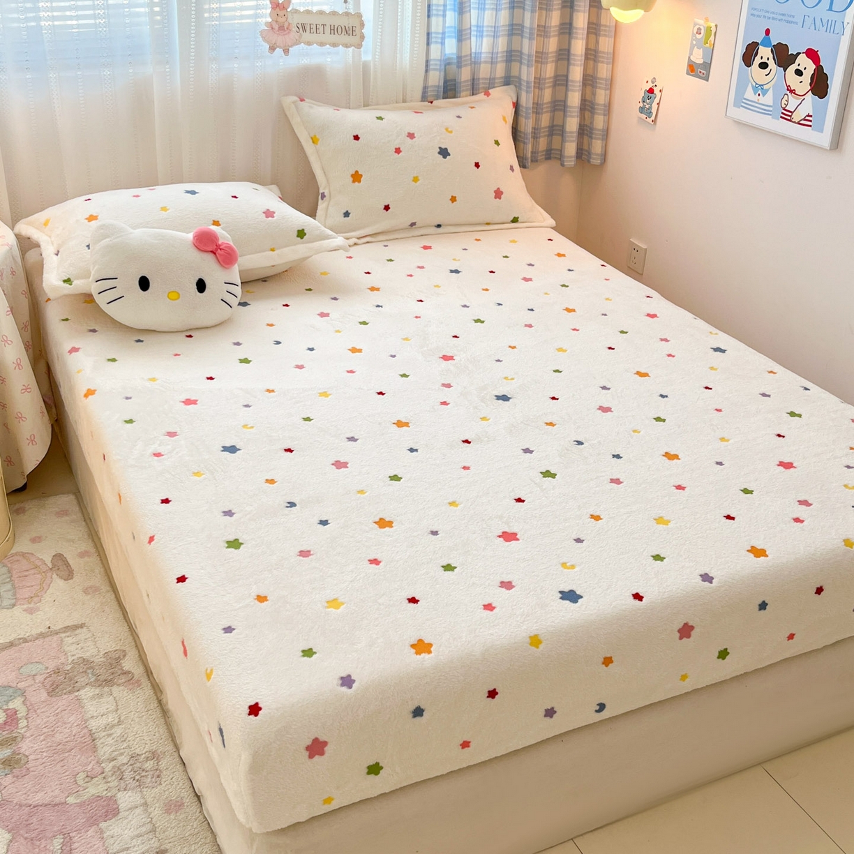91家纺网 家纺一手货源 找家纺 川悦生活 2025新款高克重雪花绒卡通印花加厚保暖大床单床笠 床笠奶昔星星
