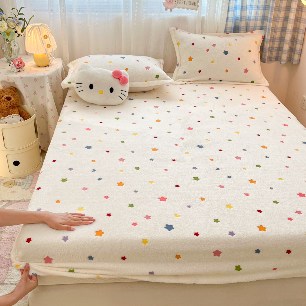 91家纺网 家纺一手货源 找家纺 川悦生活 2025新款高克重雪花绒卡通印花加厚保暖大床单床笠 床笠奶昔星星