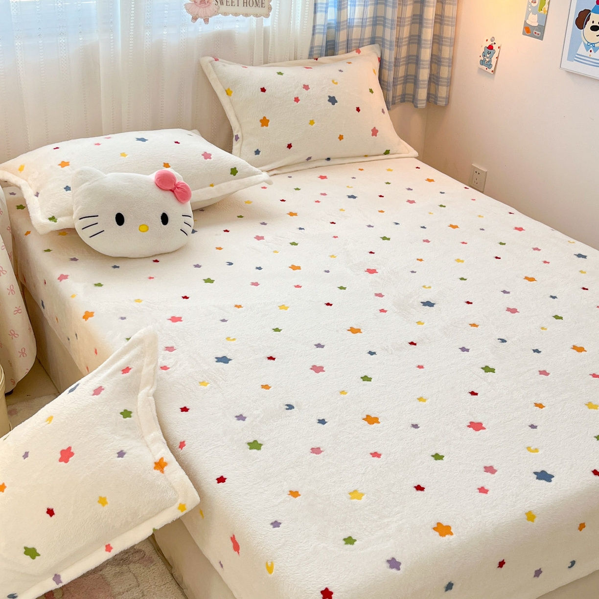 91家纺网 家纺一手货源 找家纺 川悦生活 2025新款高克重雪花绒卡通印花加厚保暖大床单床笠 床笠奶昔星星