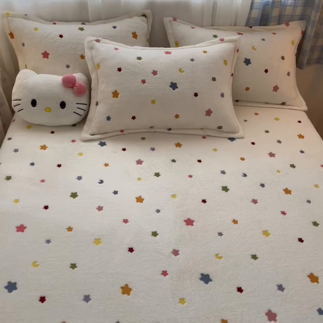 91家纺网 家纺一手货源 找家纺 川悦生活 2025新款高克重雪花绒卡通印花加厚保暖大床单床笠 床笠奶昔星星