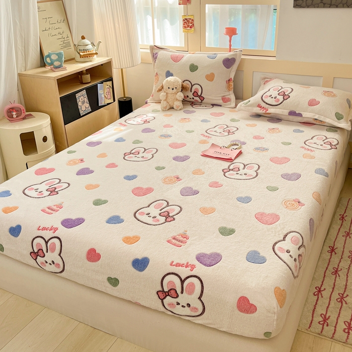 91家纺网 家纺一手货源 找家纺 川悦生活 2025新款高克重雪花绒卡通印花加厚保暖大床单床笠 床笠泡芙小兔