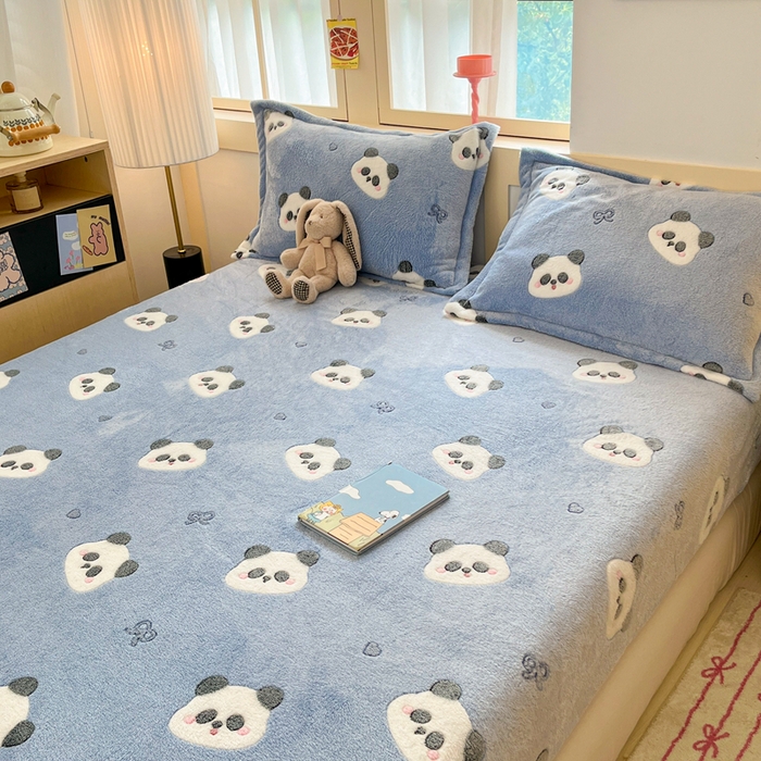 91家纺网 家纺一手货源 找家纺 川悦生活 2025新款高克重雪花绒卡通印花加厚保暖大床单床笠 床笠塔丽小熊猫