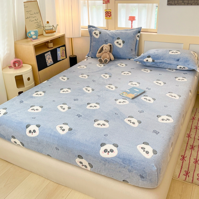 91家纺网 家纺一手货源 找家纺 川悦生活 2025新款高克重雪花绒卡通印花加厚保暖大床单床笠 床笠塔丽小熊猫