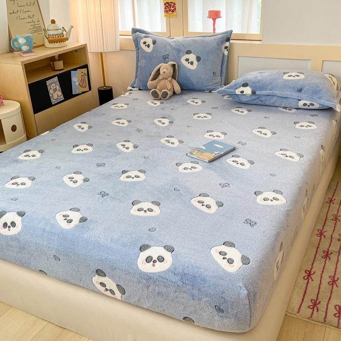 91家纺网 家纺一手货源 找家纺 川悦生活 2025新款高克重雪花绒卡通印花加厚保暖大床单床笠 床笠塔丽小熊猫