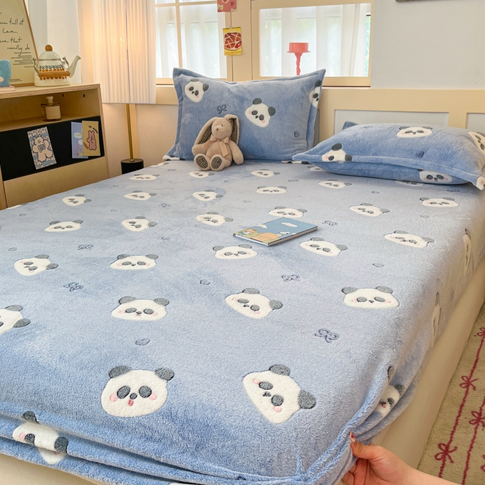 91家纺网 家纺一手货源 找家纺 川悦生活 2025新款高克重雪花绒卡通印花加厚保暖大床单床笠 床笠塔丽小熊猫