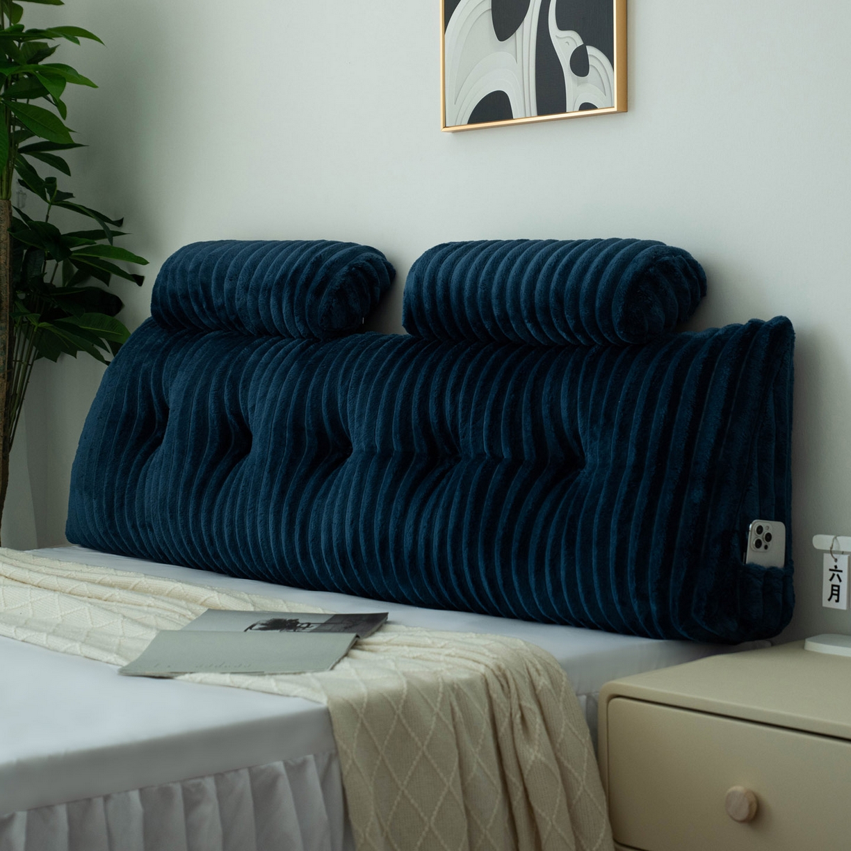 91家纺网 家纺一手货源 找家纺 美达人 2025新款兔绒抽条三角靠垫加枕头 Ziyu-兔绒-蓝色