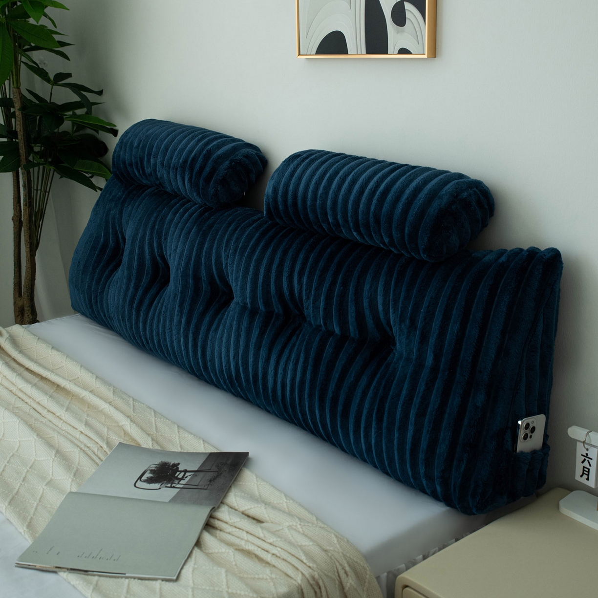 91家纺网 家纺一手货源 找家纺 美达人 2025新款兔绒抽条三角靠垫加枕头 Ziyu-兔绒-蓝色