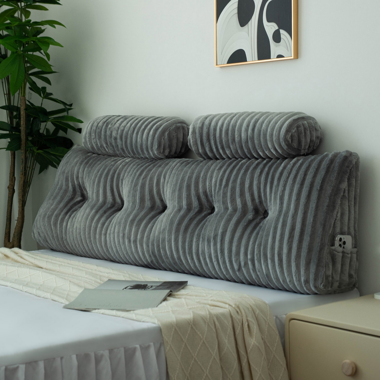 91家纺网 家纺一手货源 找家纺 美达人 2025新款兔绒抽条三角靠垫加枕头 Ziyu-兔绒-灰色