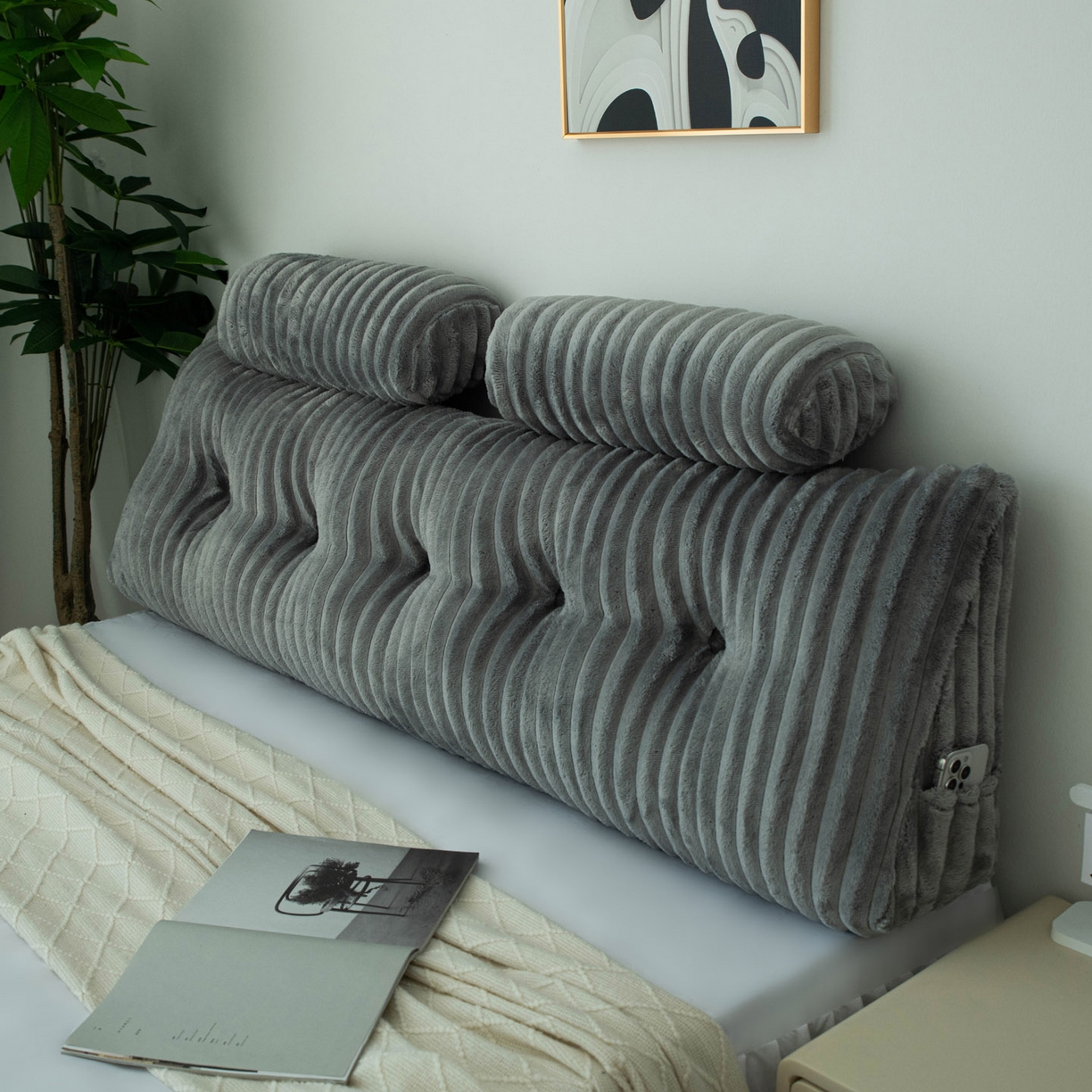 91家纺网 家纺一手货源 找家纺 美达人 2025新款兔绒抽条三角靠垫加枕头 Ziyu-兔绒-灰色