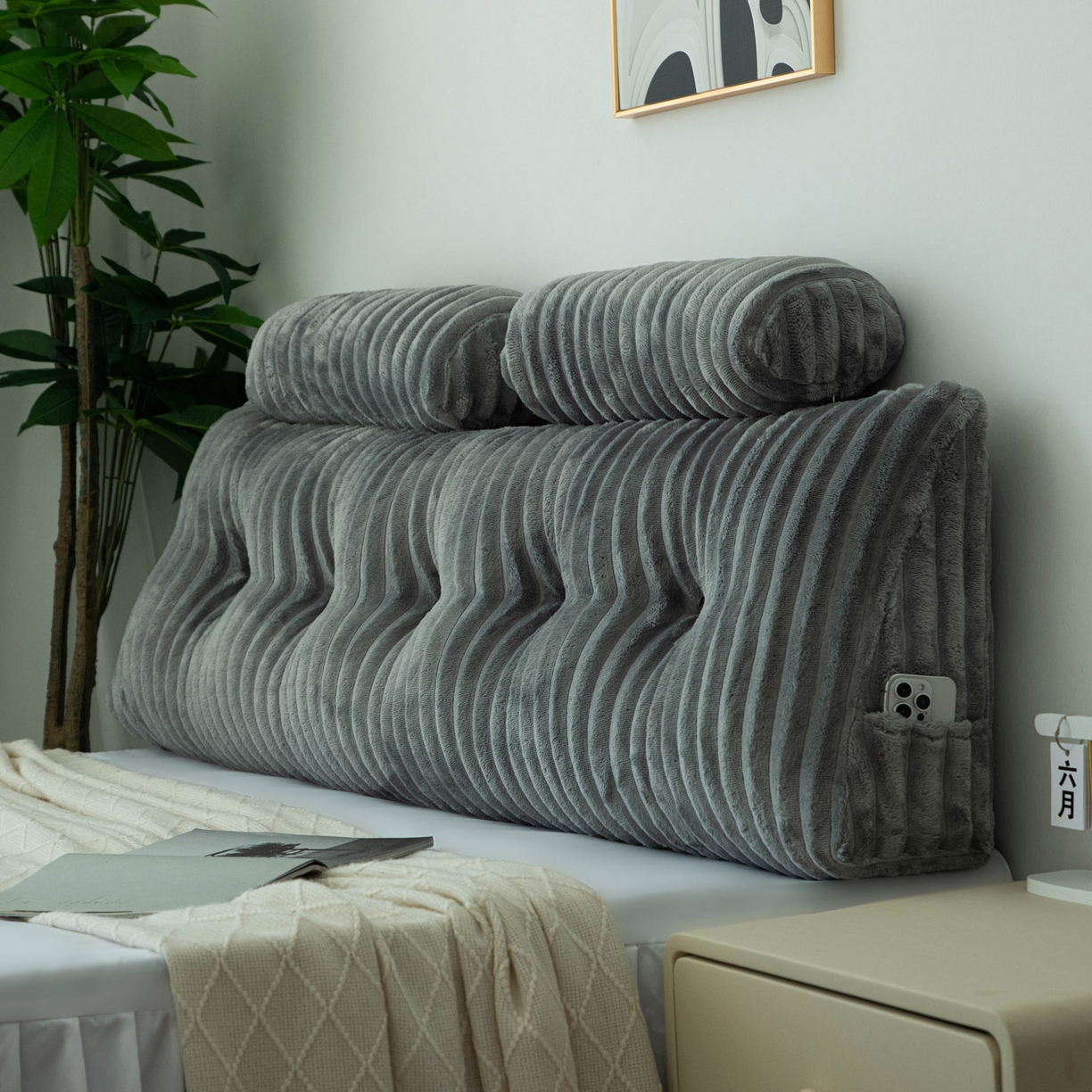 美达人 2025新款兔绒抽条三角靠垫加枕头 Ziyu-兔绒-灰色