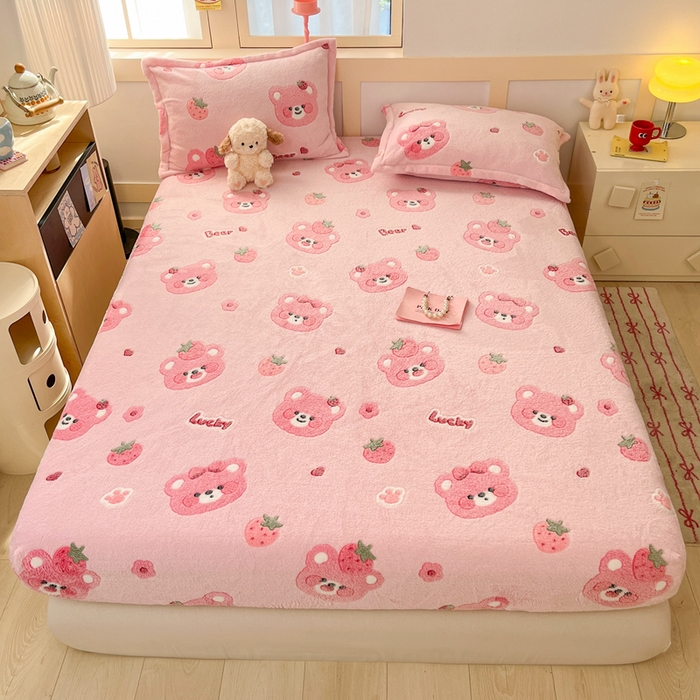 川悦生活 2025新款高克重雪花绒卡通印花加厚保暖大床单床笠 床笠甜系粉熊