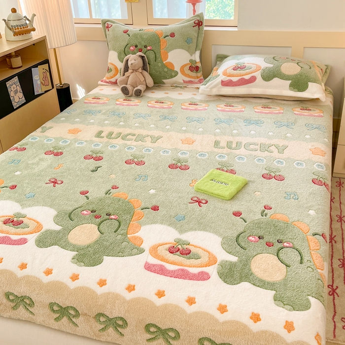 91家纺网 家纺一手货源 找家纺 川悦生活 2025新款高克重雪花绒卡通印花加厚保暖大床单床笠 床笠甜系龙龙