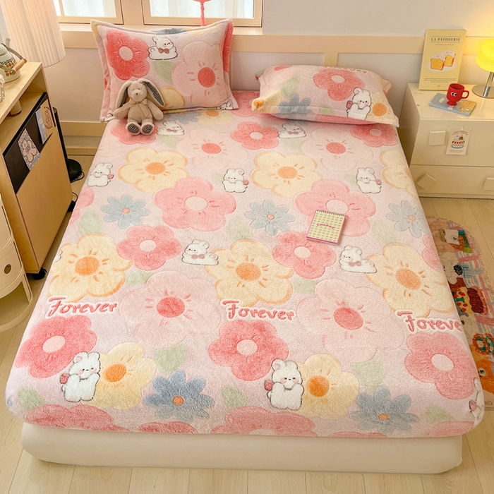 川悦生活 2025新款高克重雪花绒卡通印花加厚保暖大床单床笠 床笠甜心花田