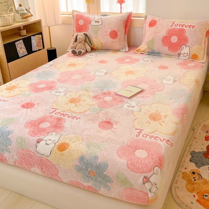91家纺网 家纺一手货源 找家纺 川悦生活 2025新款高克重雪花绒卡通印花加厚保暖大床单床笠 床笠甜心花田
