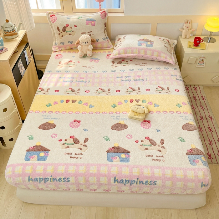 川悦生活 2025新款高克重雪花绒卡通印花加厚保暖大床单床笠 床笠小狗物语