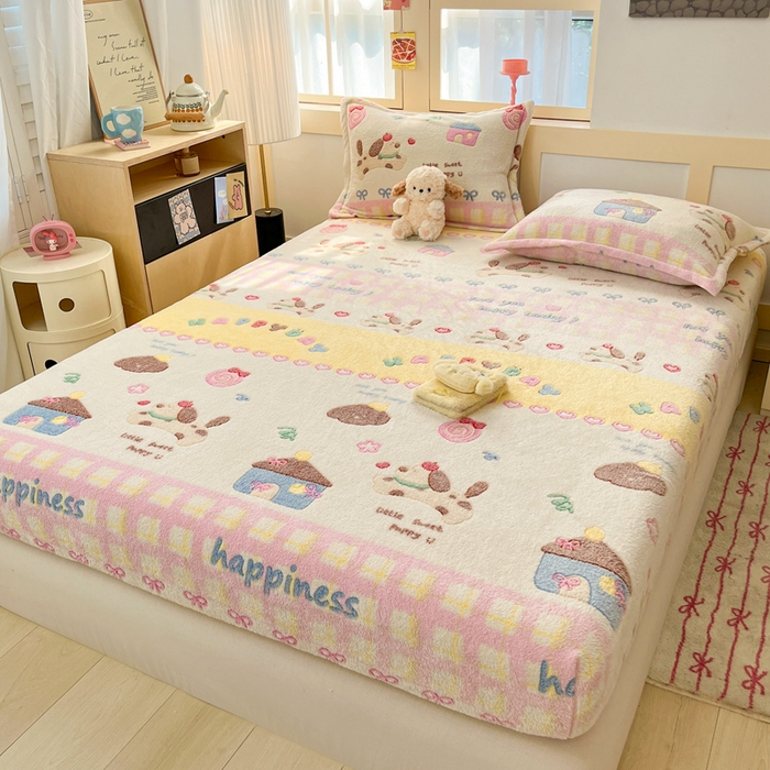 91家纺网 家纺一手货源 找家纺 川悦生活 2025新款高克重雪花绒卡通印花加厚保暖大床单床笠 床笠小狗物语