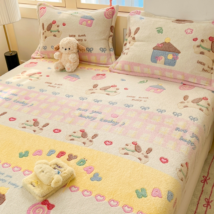 91家纺网 家纺一手货源 找家纺 川悦生活 2025新款高克重雪花绒卡通印花加厚保暖大床单床笠 床笠小狗物语