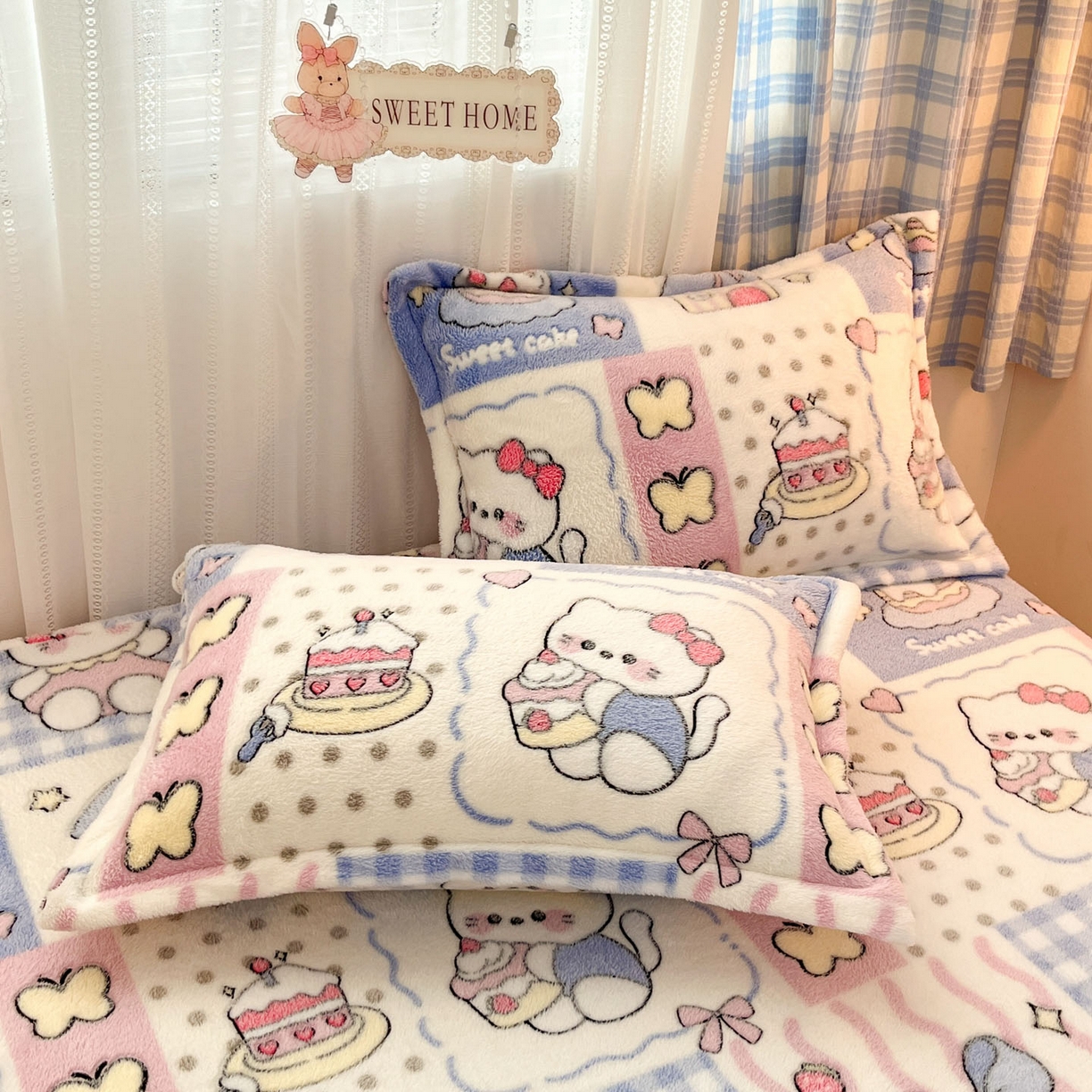 91家纺网 家纺一手货源 找家纺 川悦生活 2025新款高克重雪花绒卡通印花加厚保暖大床单床笠 床笠小喵甜心