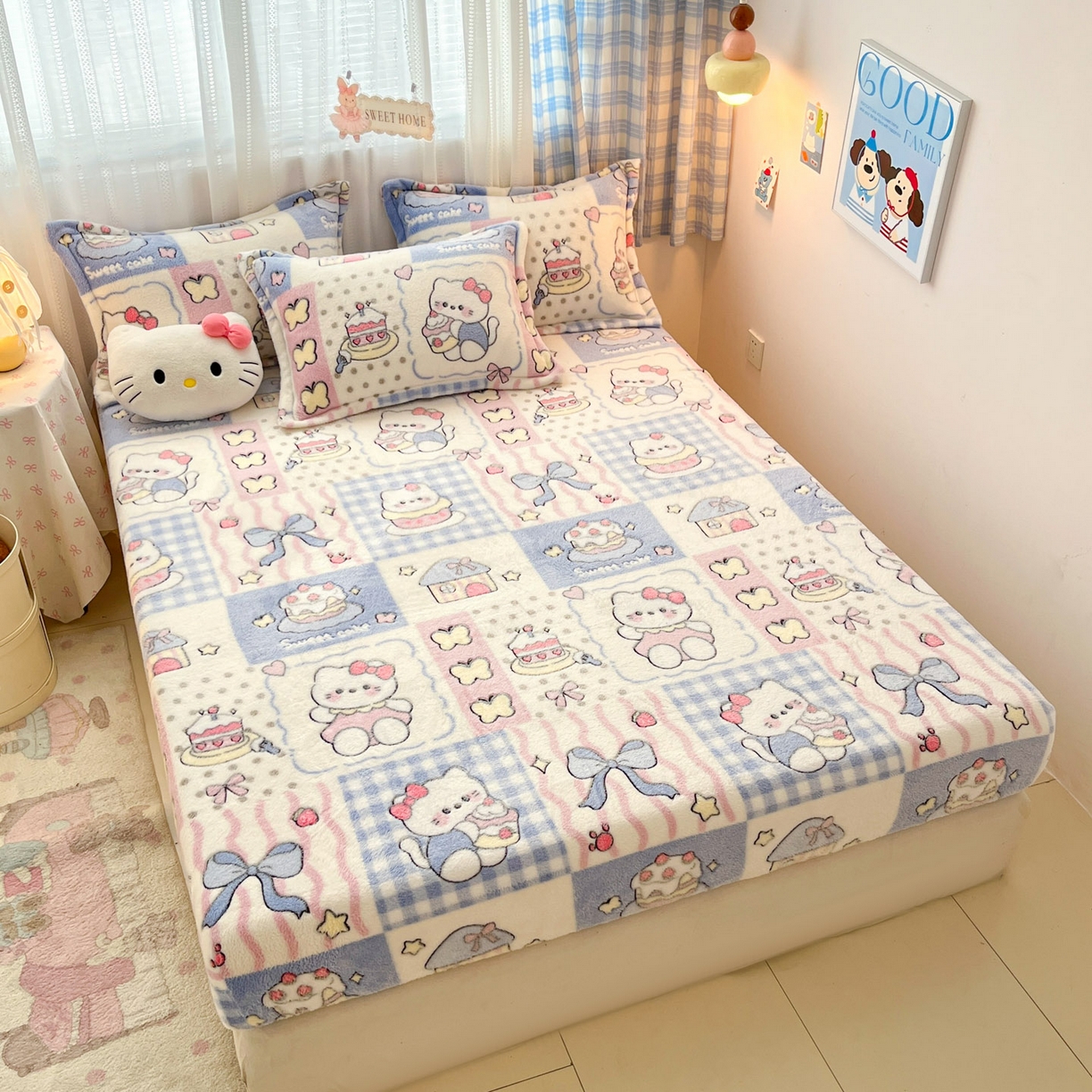 91家纺网 家纺一手货源 找家纺 川悦生活 2025新款高克重雪花绒卡通印花加厚保暖大床单床笠 床笠小喵甜心