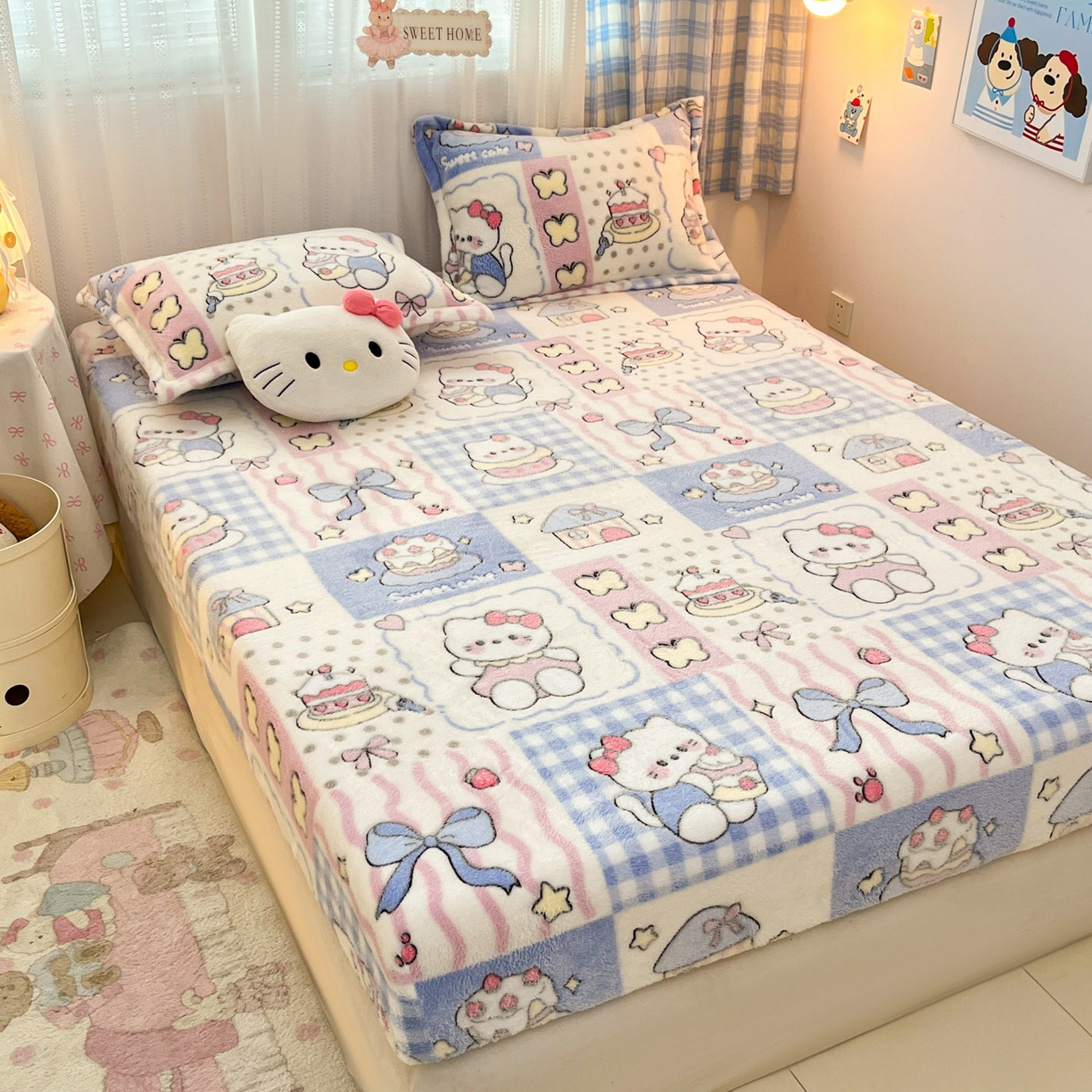91家纺网 家纺一手货源 找家纺 川悦生活 2025新款高克重雪花绒卡通印花加厚保暖大床单床笠 床笠小喵甜心