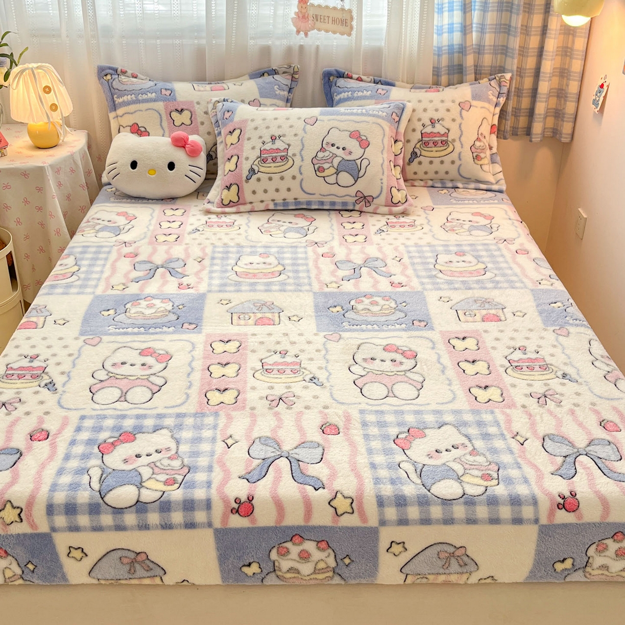 91家纺网 家纺一手货源 找家纺 川悦生活 2025新款高克重雪花绒卡通印花加厚保暖大床单床笠 床笠小喵甜心