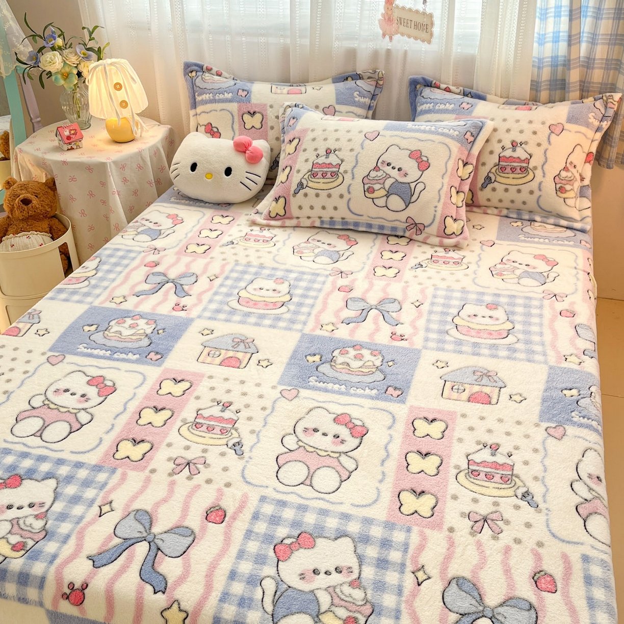 91家纺网 家纺一手货源 找家纺 川悦生活 2025新款高克重雪花绒卡通印花加厚保暖大床单床笠 床笠小喵甜心