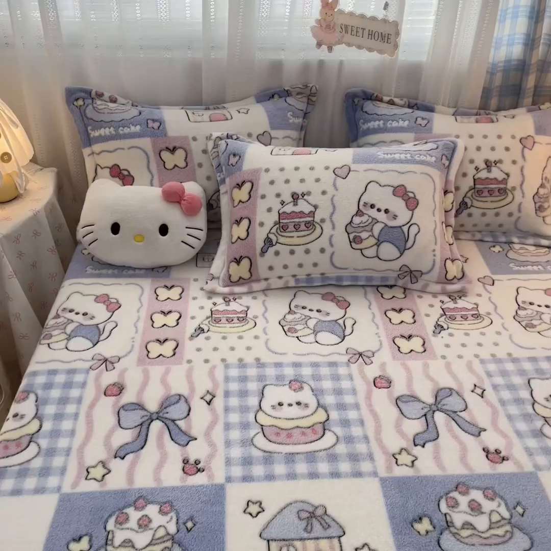 91家纺网 家纺一手货源 找家纺 川悦生活 2025新款高克重雪花绒卡通印花加厚保暖大床单床笠 床笠小喵甜心