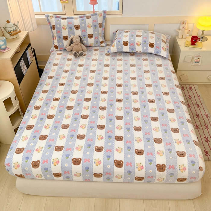 川悦生活 2025新款高克重雪花绒卡通印花加厚保暖大床单床笠 床笠小熊花园