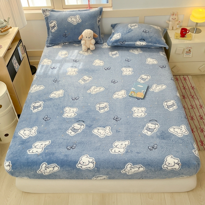 川悦生活 2025新款高克重雪花绒卡通印花加厚保暖大床单床笠 床笠小雪狗