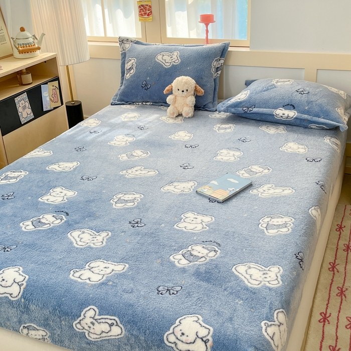91家纺网 家纺一手货源 找家纺 川悦生活 2025新款高克重雪花绒卡通印花加厚保暖大床单床笠 床笠小雪狗
